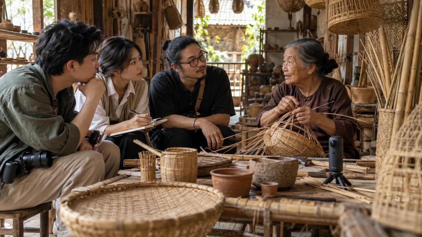 Đội sản xuất và nhà nghiên cứu ngồi trao đổi với nghệ nhân đan tre cao tuổi trong xưởng nghề trước ngày ghi hình