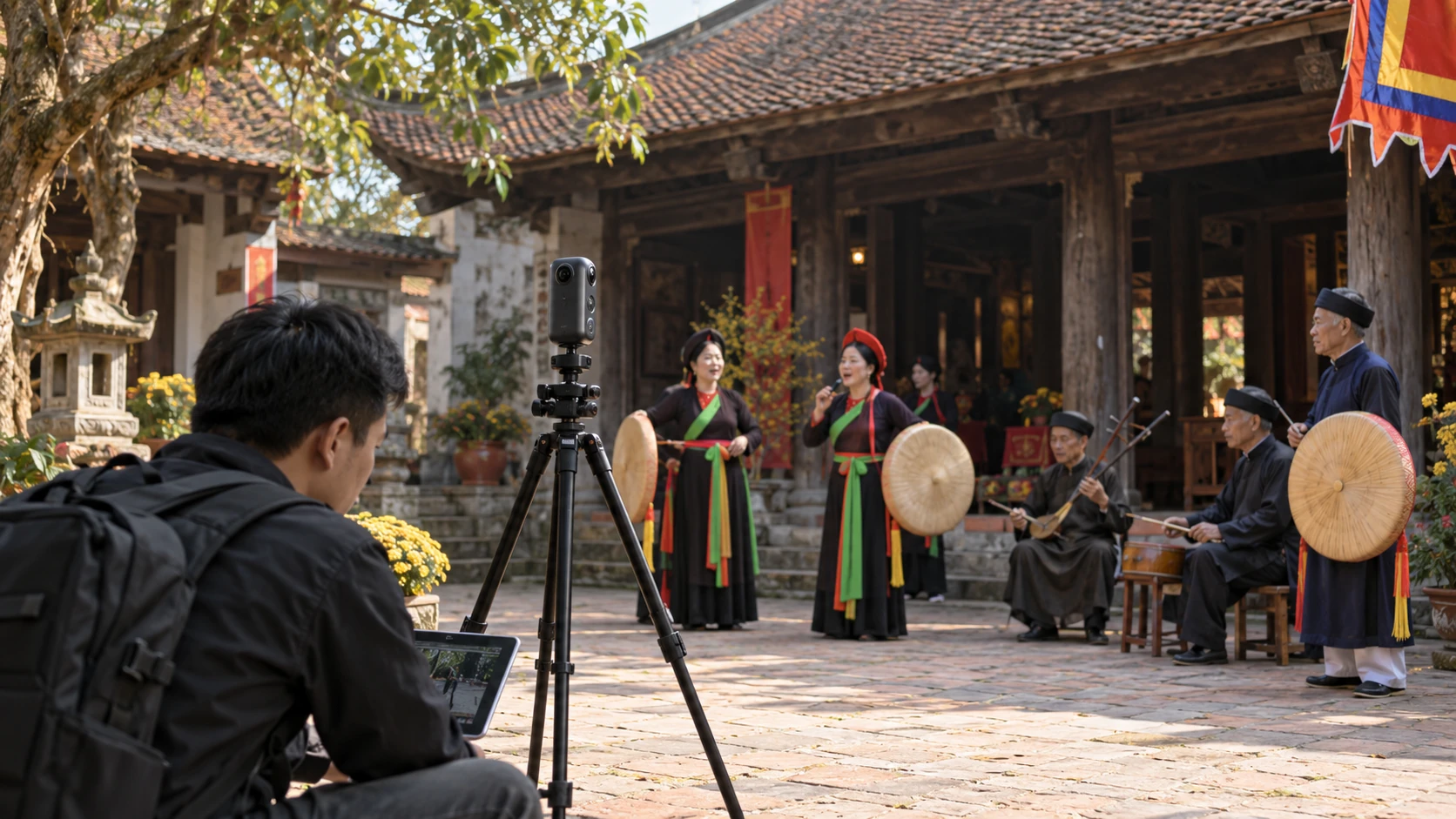 Số hoá di sản văn hoá phi vật thể: camera 360 trên chân máy ghi buổi hát quan họ trước sân đình
