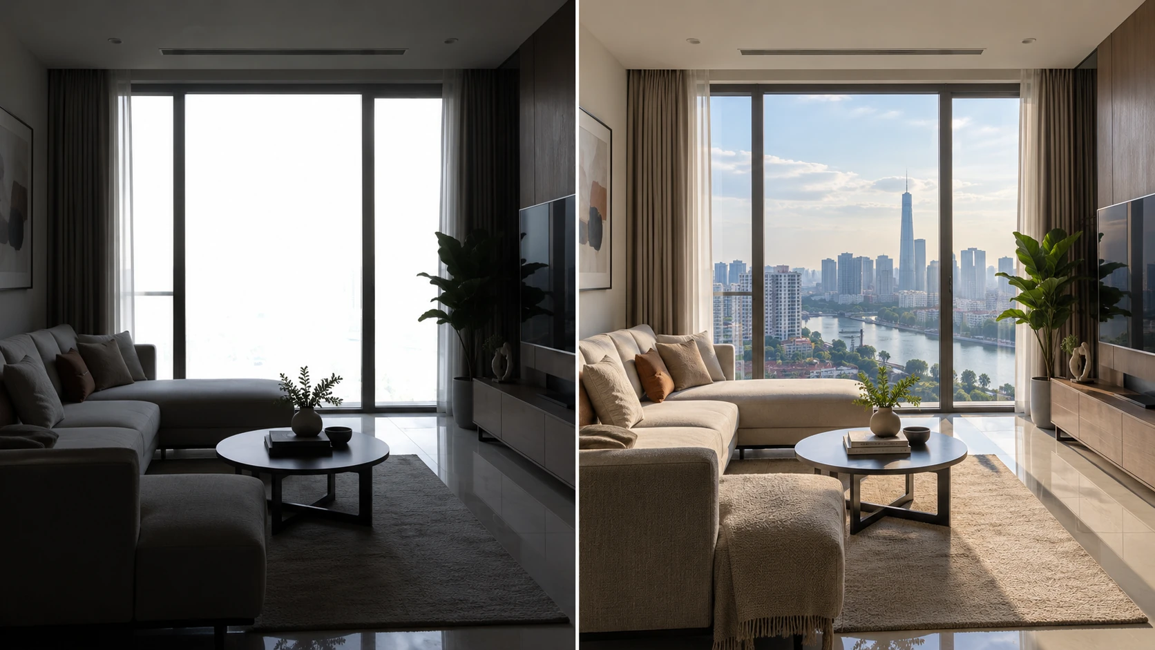 So sánh phòng khách cửa sổ cháy trắng và cùng góc sau khi gộp HDR thấy rõ thành phố, dòng sông bên ngoài