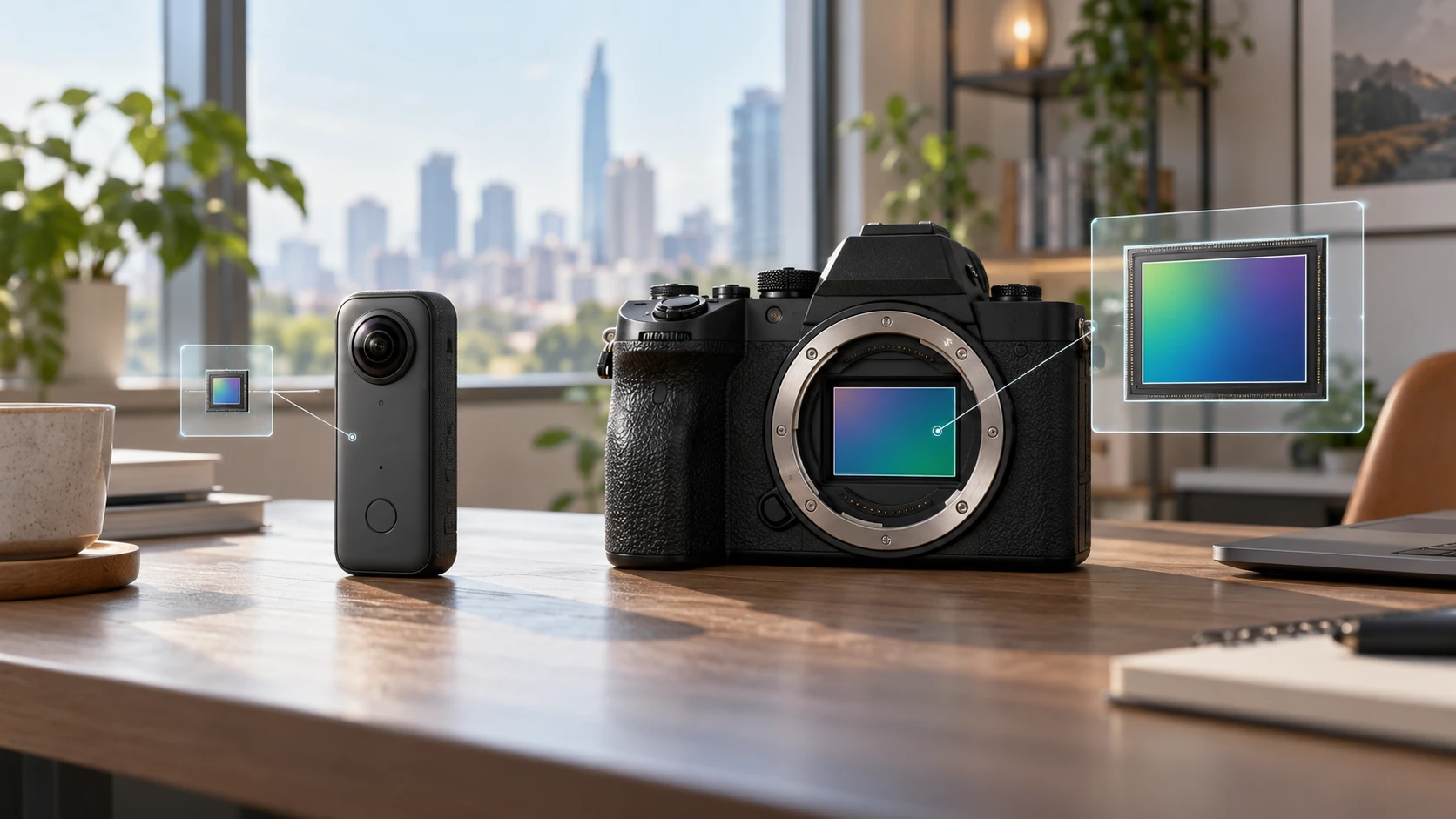 Camera 360 tích hợp đặt cạnh máy ảnh full-frame, minh hoạ kích thước cảm biến nhỏ và lớn