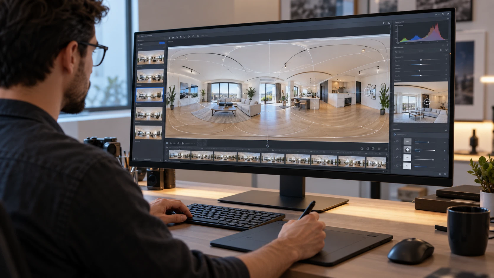 Kỹ thuật viên đồ họa ghép nối ảnh Panorama trên phần mềm chuyên dụng và xử lý màu sắc