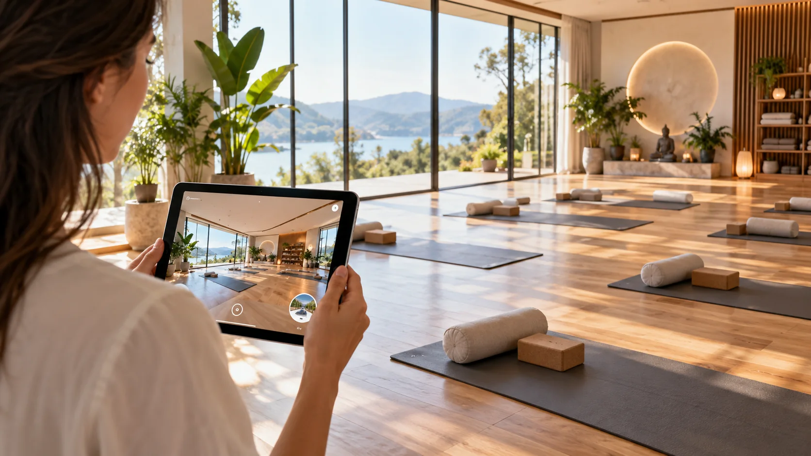 Người xem tour 360 studio yoga trên máy tính bảng, phòng sàn gỗ trải thảm và đón nắng tự nhiên