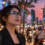 Cô gái đeo kính thực tế tăng cường AR với bảng thông tin ảo nổi cạnh mắt kính, phía sau là phố đêm TP.HCM và dòng xe máy