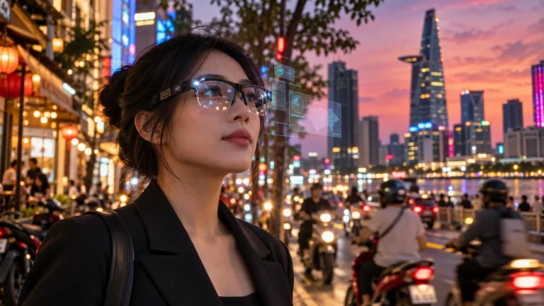 Cô gái đeo kính thực tế tăng cường AR với bảng thông tin ảo nổi cạnh mắt kính, phía sau là phố đêm TP.HCM và dòng xe máy