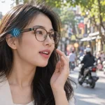 Cô gái đeo kính thông minh có camera nhỏ ở bản lề, đang nói chuyện với trợ lý AI giọng nói trên phố cổ Hà Nội