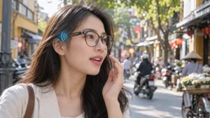 Cô gái đeo kính thông minh có camera nhỏ ở bản lề, đang nói chuyện với trợ lý AI giọng nói trên phố cổ Hà Nội