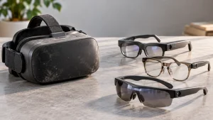 Kính thực tế ảo VR cũ phủ bụi đặt cạnh ba mẫu kính thông minh mới trên mặt bàn đá