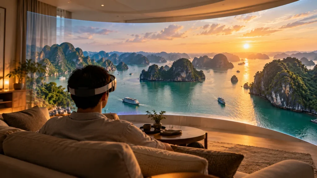 Người đàn ông đeo kính thực tế hỗn hợp ngồi trên sofa ngắm toàn cảnh vịnh Hạ Long lúc hoàng hôn trên màn hình cong lớn