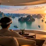 Người đàn ông đeo kính thực tế hỗn hợp ngồi trên sofa ngắm toàn cảnh vịnh Hạ Long lúc hoàng hôn trên màn hình cong lớn