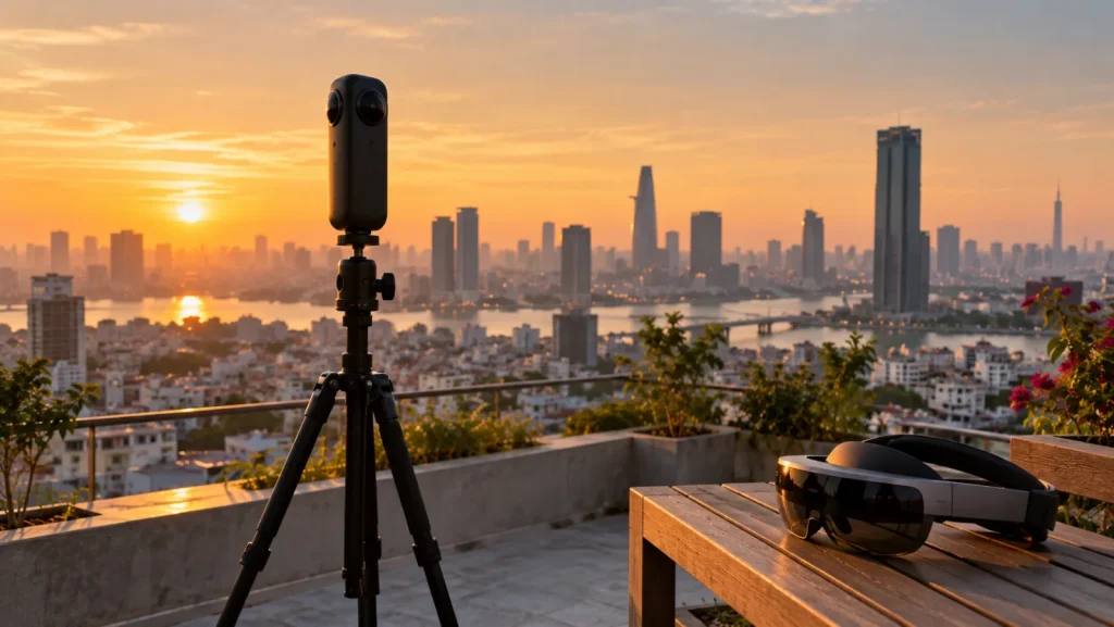 Người đeo kính thực tế hỗn hợp đứng giữa cảnh không gian dựng từ ảnh panorama một khu nghỉ dưỡng, các cửa sổ ứng dụng nổi phía trước