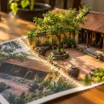 Bức ảnh in ngôi nhà cổ mái ngói đỏ trên bàn gỗ chuyển dần thành mô hình 3D nổi khối với sân gạch, cây xanh và chum gốm