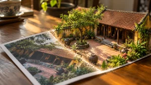 Bức ảnh in ngôi nhà cổ mái ngói đỏ trên bàn gỗ chuyển dần thành mô hình 3D nổi khối với sân gạch, cây xanh và chum gốm