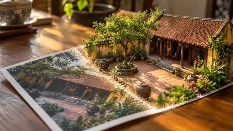 Bức ảnh in ngôi nhà cổ mái ngói đỏ trên bàn gỗ chuyển dần thành mô hình 3D nổi khối với sân gạch, cây xanh và chum gốm
