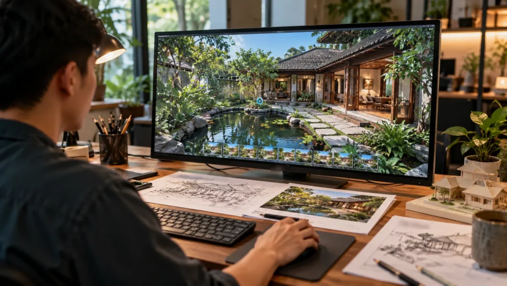 Một ảnh 360 chụp sảnh khách sạn được AI mở rộng thành cảnh 3D xem trên kính VR
