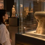 Cô gái đeo tai nghe không dây đứng ngắm trống đồng trong tủ kính ở bảo tàng, phía sau là tượng cổ và hiện vật