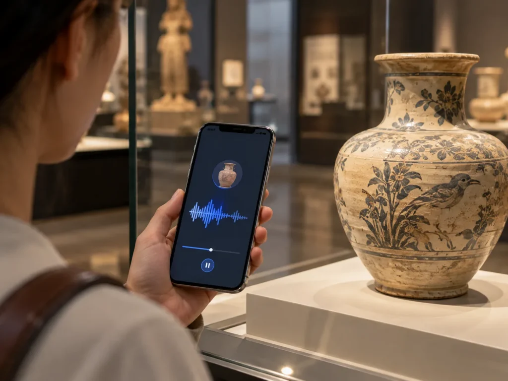 Khách tham quan dùng điện thoại nghe thuyết minh AI trước hiện vật trong bảo tàng, góc phòng có beacon gắn trần