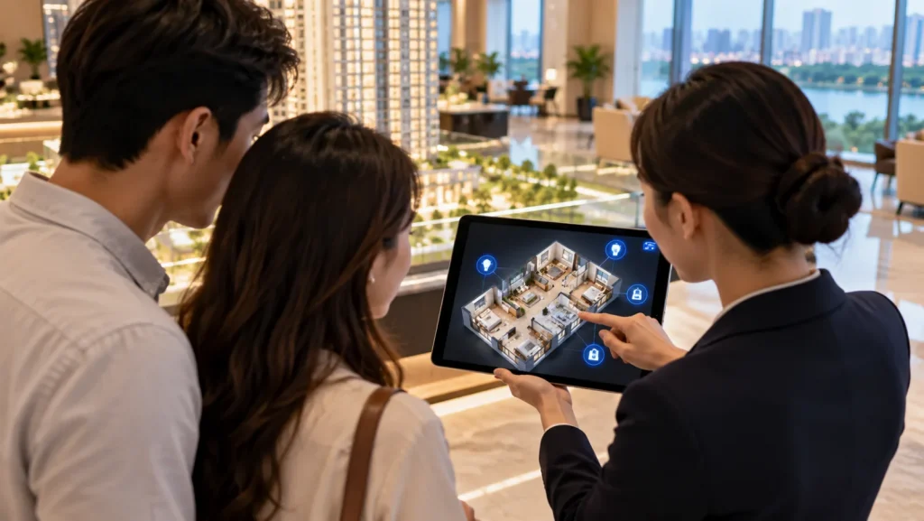 Căn hộ mẫu với rèm, đèn và điều hoà được điều khiển qua điện thoại, các nhãn chú thích thiết bị hiện trong khung cảnh 360 độ