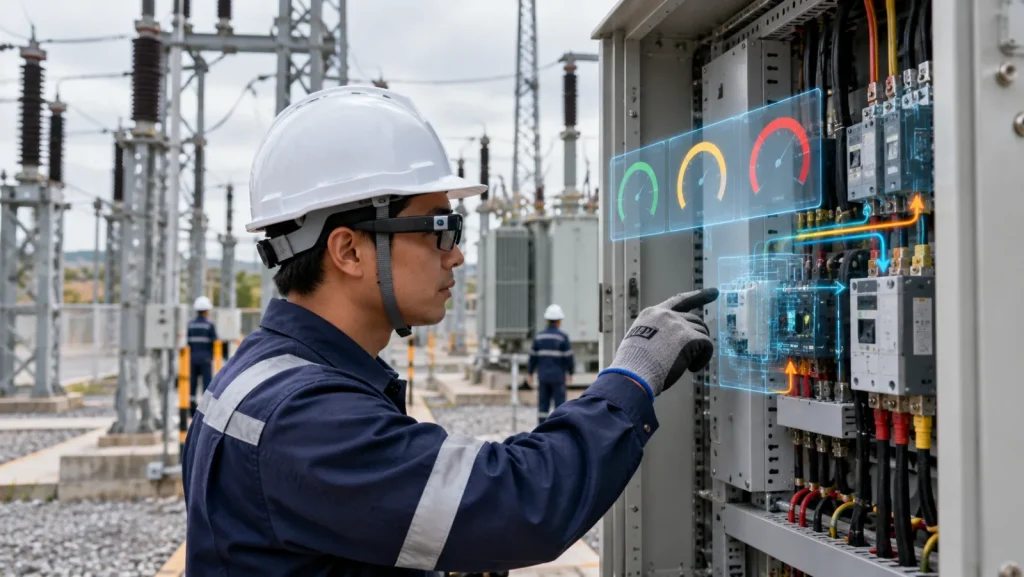 Kỹ thuật viên trạm biến áp đeo kính thông minh xem đồng hồ đo ảo và luồng điện phát sáng chồng lên tủ điện