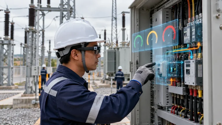 Kỹ thuật viên trạm biến áp đeo kính thông minh xem đồng hồ đo ảo và luồng điện phát sáng chồng lên tủ điện