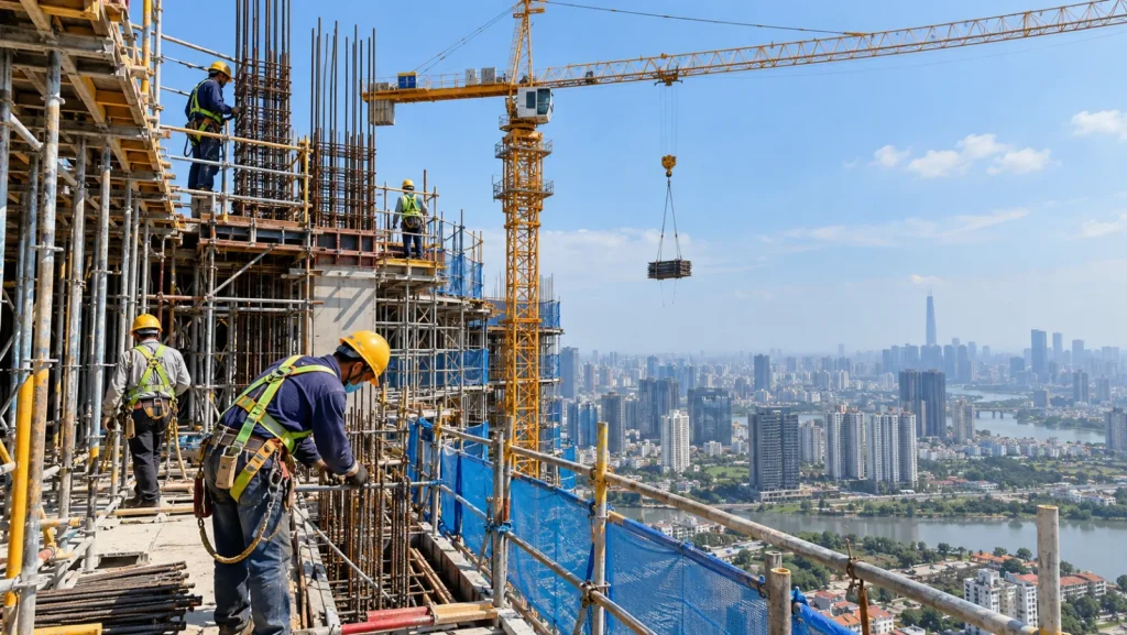 Công nhân xây dựng đội mũ bảo hộ đeo kính VR và băng cảm biến EEG trên đầu, đứng trong phòng đào tạo, màn hình phía sau hiển thị mô phỏng công trường và sóng não