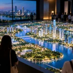 Khách tham quan đứng quanh sa bàn số phát sáng mô phỏng khu đô thị ven sông về đêm trong phòng trưng bày