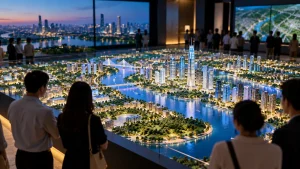 Khách tham quan đứng quanh sa bàn số phát sáng mô phỏng khu đô thị ven sông về đêm trong phòng trưng bày