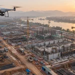 Flycam bay khảo sát đại công trường xây dựng ven sông với nhiều cần cẩu tháp, xe tải và móng công trình