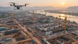 Flycam bay khảo sát đại công trường xây dựng ven sông với nhiều cần cẩu tháp, xe tải và móng công trình
