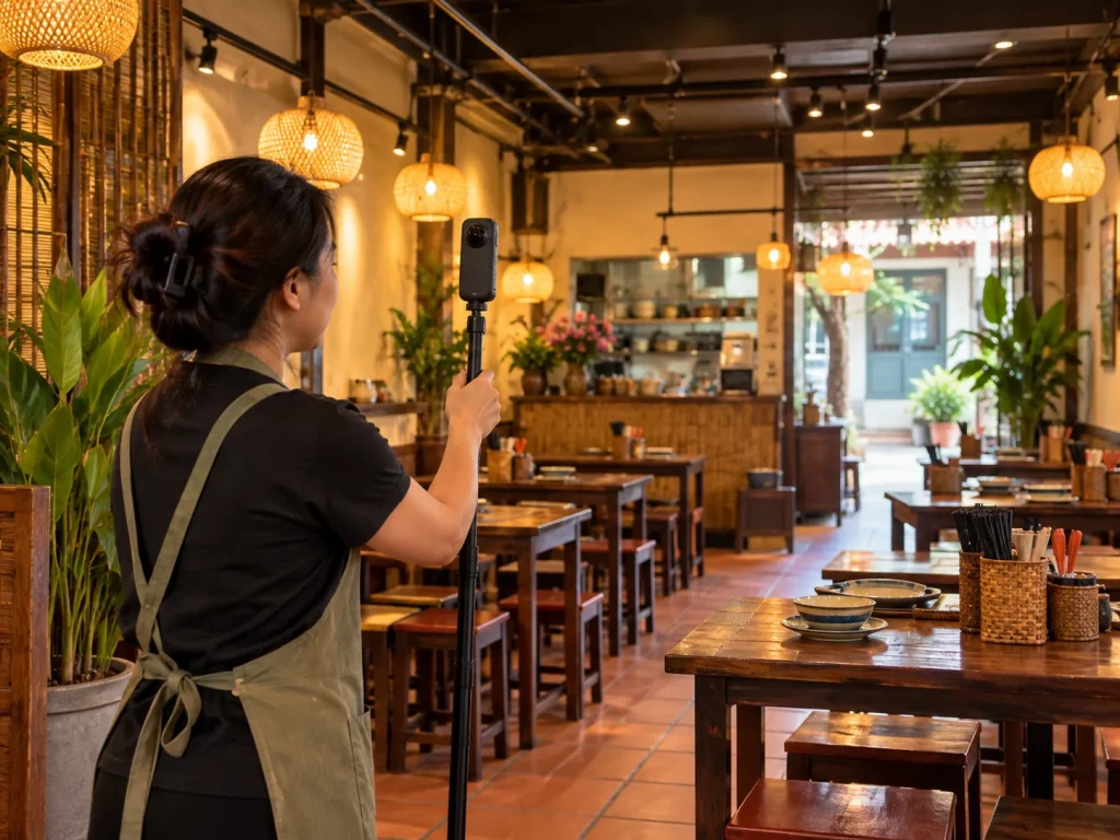 Điện thoại mở Google Maps với khung hỏi đáp AI và ảnh 360 sảnh khách sạn trên bản đồ 3D