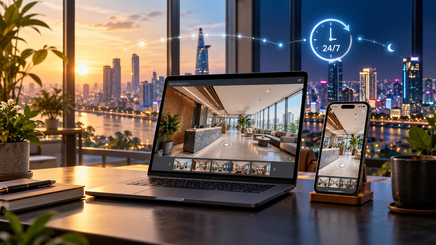 Laptop và điện thoại mở tour 360 sảnh lễ tân trên bàn làm việc, ngoài cửa kính là thành phố lúc chiều tối
