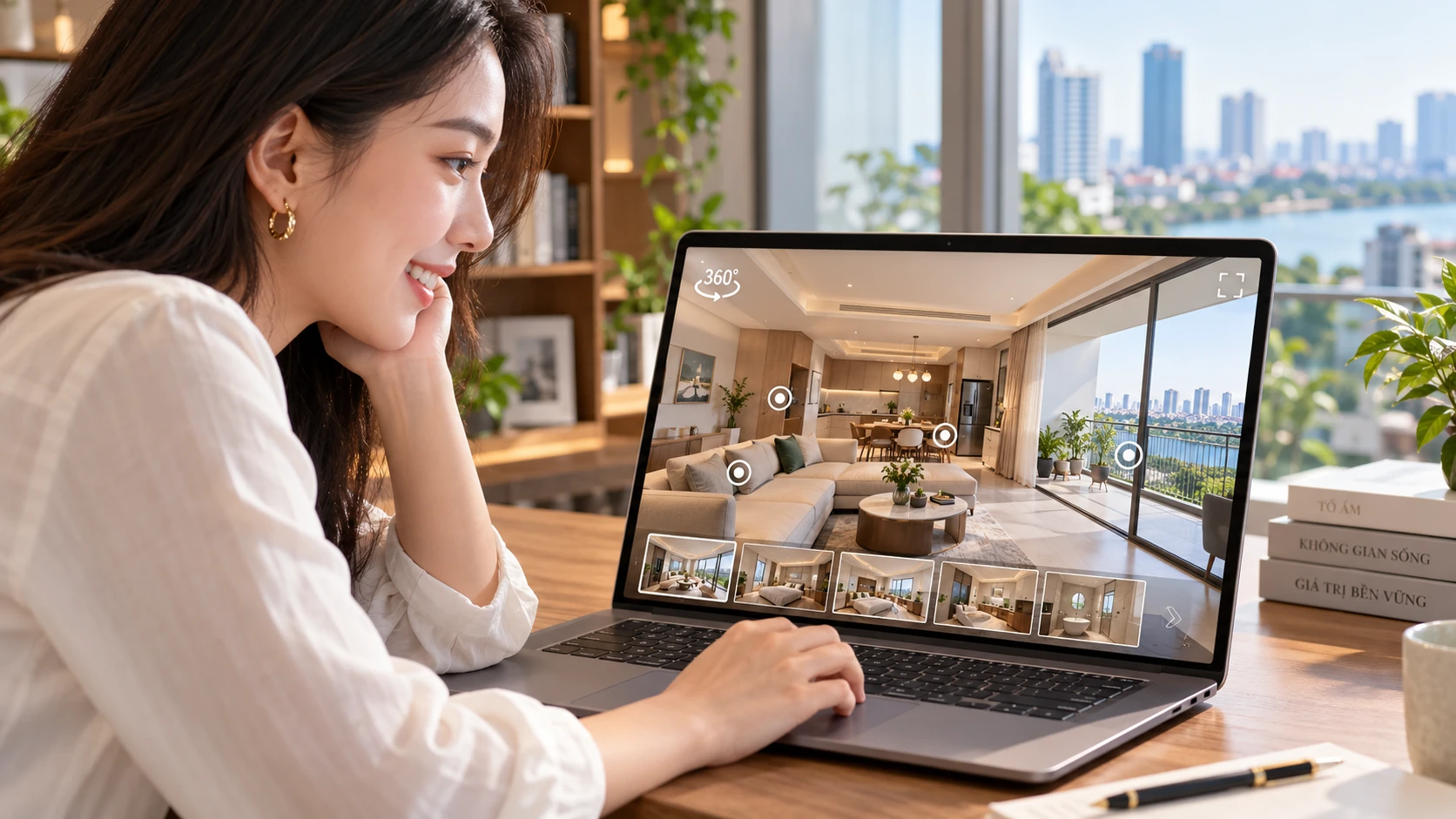 Cô gái mỉm cười khi xem tour 360 phòng khách căn hộ có ban công nhìn ra sông trên laptop