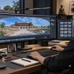 Kỹ thuật viên xử lý ảnh panorama 360 di tích trên màn hình lớn, cạnh bảng màu chuẩn và thẻ nhớ chứa tệp gốc