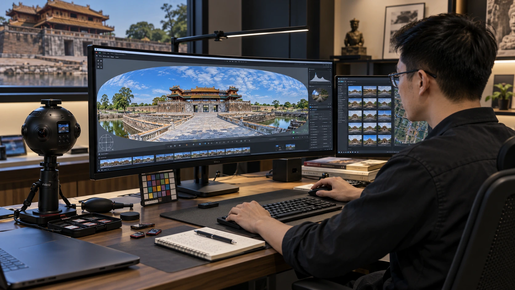 Kỹ thuật viên xử lý ảnh panorama 360 di tích trên màn hình lớn, cạnh bảng màu chuẩn và thẻ nhớ chứa tệp gốc