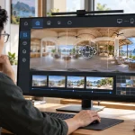 Kỹ thuật viên xem panorama 360 khách sạn trên màn hình, các mức phân giải và lưới tile hiển thị bên dưới