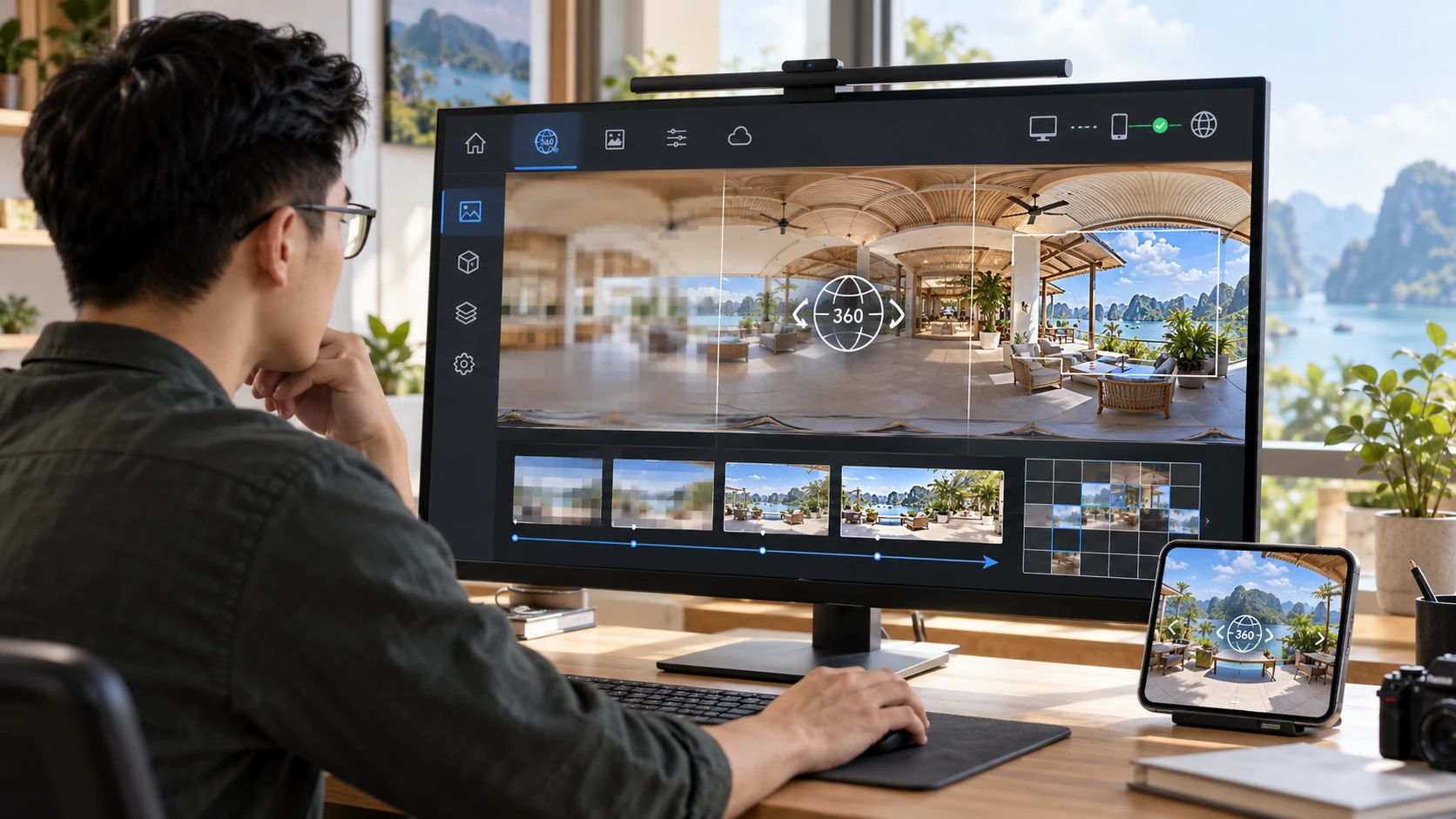 Kỹ thuật viên xem panorama 360 khách sạn trên màn hình, các mức phân giải và lưới tile hiển thị bên dưới