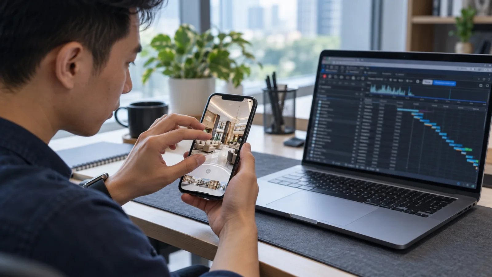 Người kiểm thử xoay tour 360 trên điện thoại, bên cạnh laptop mở công cụ nhà phát triển với danh sách request tải tile