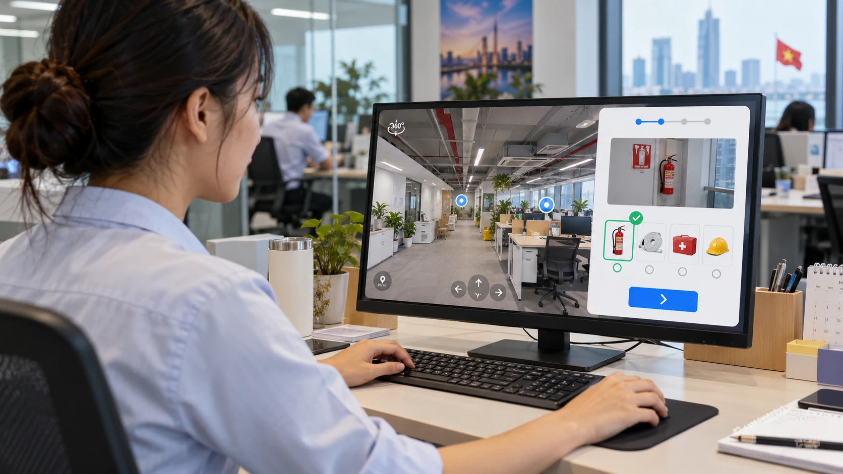Nhân viên trả lời câu hỏi chọn thiết bị chữa cháy hiển thị cạnh cảnh tour 360 văn phòng trên màn hình, ảnh minh hoạ