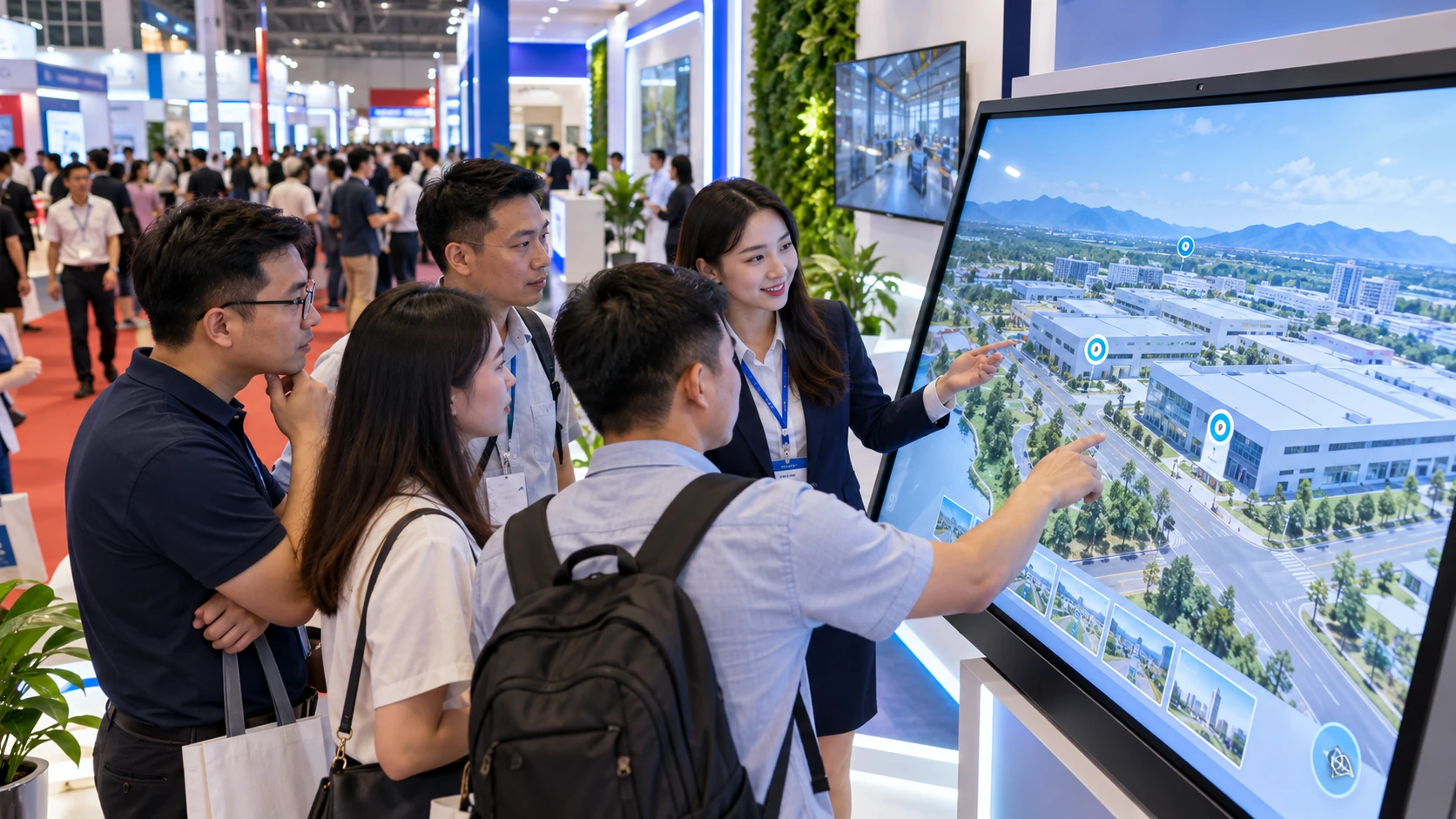 Nhân viên tư vấn hướng dẫn khách thao tác sa bàn ảo trên màn hình cảm ứng lớn tại gian hàng triển lãm