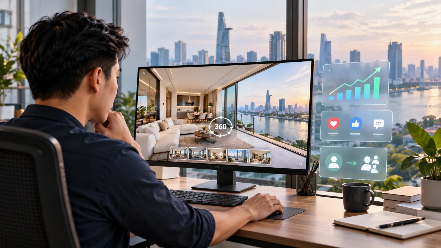 Người làm marketing xem tour 360 căn hộ trên màn hình, bên cạnh là biểu tượng tương tác và khách hàng tiềm năng