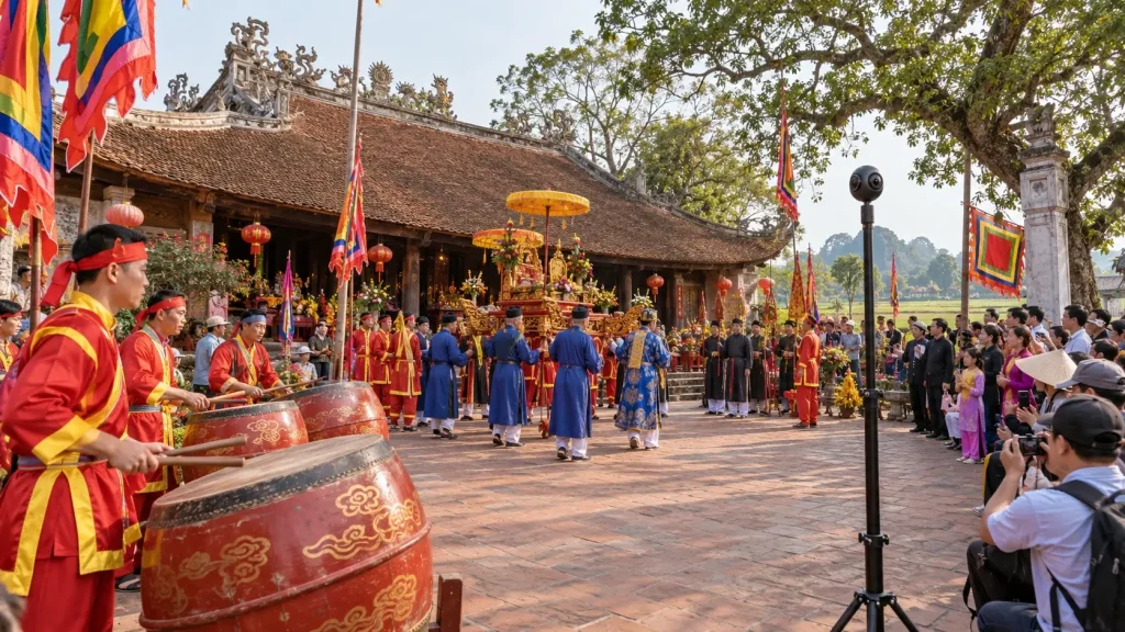 Lễ rước kiệu trước sân đình, đội trống hội và dân làng vây quanh, camera 360 đặt giữa sân ghi hình