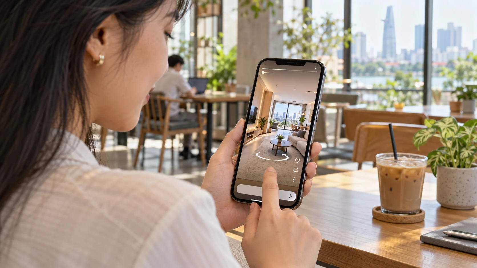 Người dùng lướt điện thoại xem video dọc dựng từ ảnh 360 phòng khách căn hộ tại quán cà phê