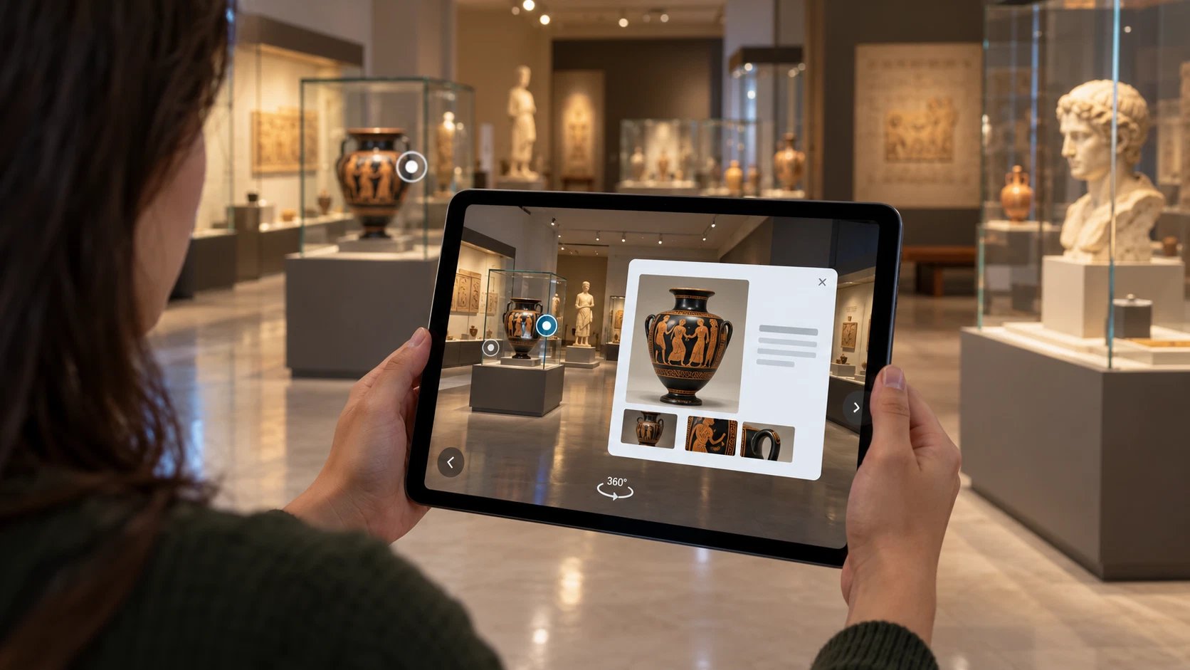 Cửa sổ thông tin điểm chạm Hotspot giới thiệu nguồn gốc, niên đại và hình ảnh chụp macro của hiện vật bảo tàng