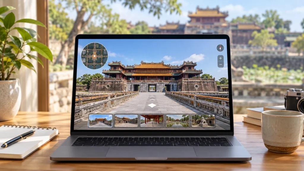 Virtual tour di tích Ngọ Môn mở trên laptop, có mini-map góc trái, la bàn và dải ảnh thu nhỏ các điểm chụp