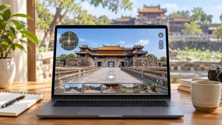 Virtual tour di tích Ngọ Môn mở trên laptop, có mini-map góc trái, la bàn và dải ảnh thu nhỏ các điểm chụp