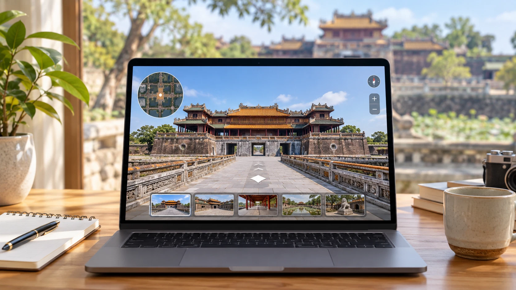 Giao diện tham quan thực tế ảo Virtual Tour di tích lịch sử với không gian kiến trúc cổ kính và điểm chạm tương tác