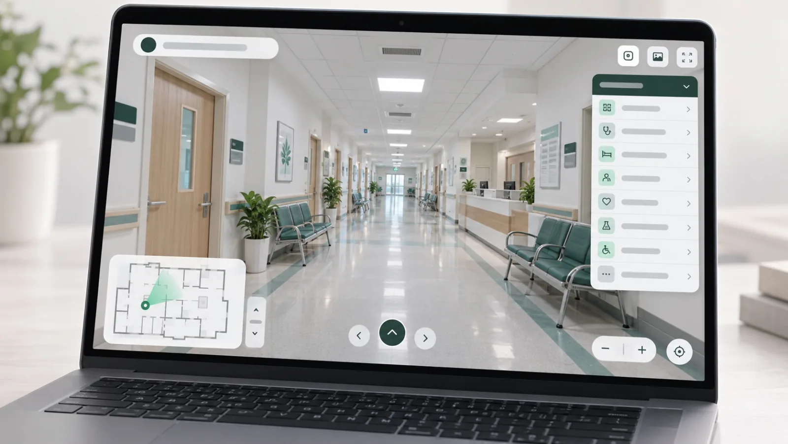 Laptop mở tour hành lang bệnh viện, góc trái có sơ đồ tầng với chấm vị trí, bên phải là menu chọn khoa