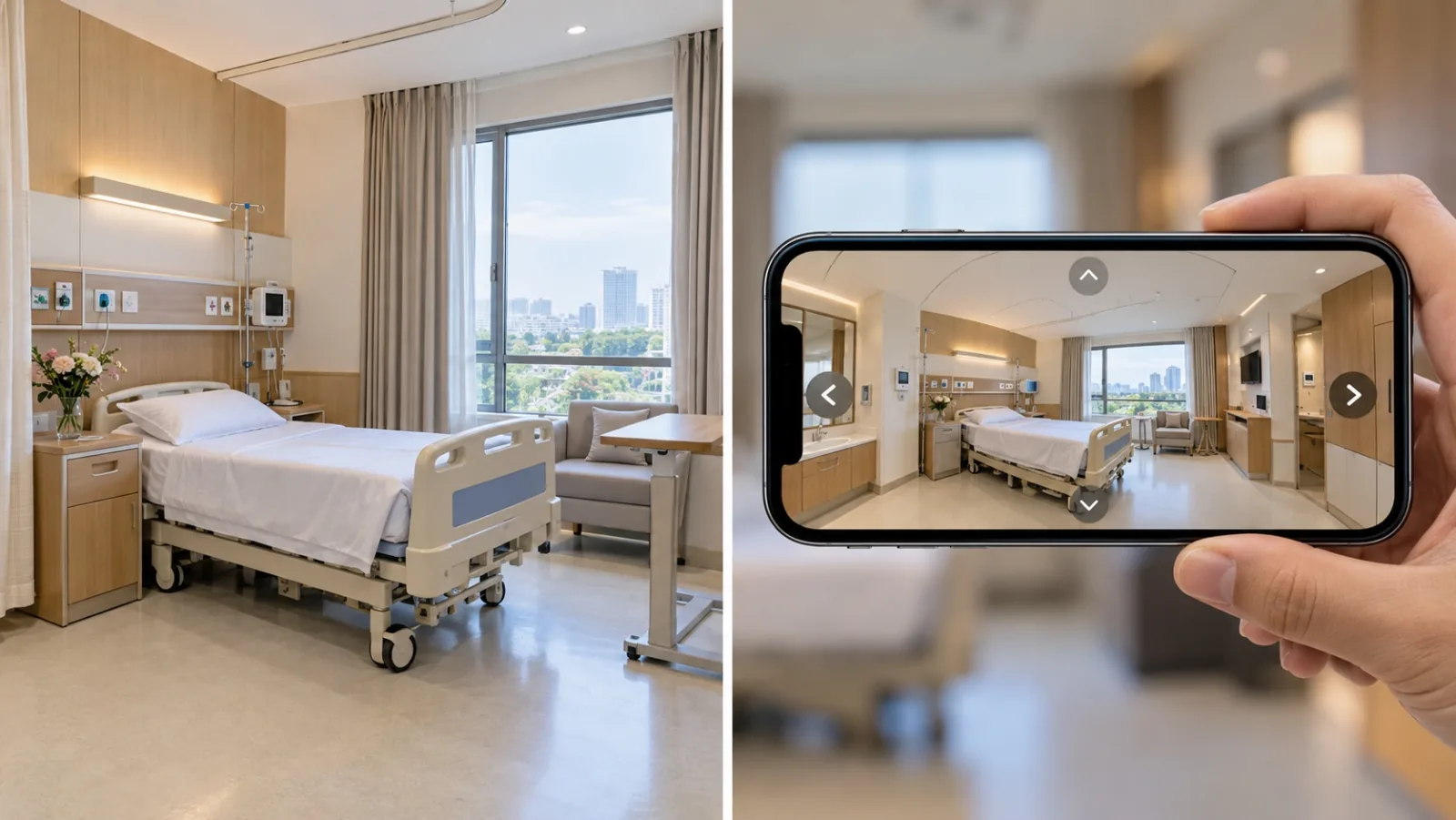 Hai nửa ảnh cùng một phòng nội trú: bên trái là ảnh 2D góc hẹp, bên phải là cùng phòng đó trong khung xem 360 trên điện thoại