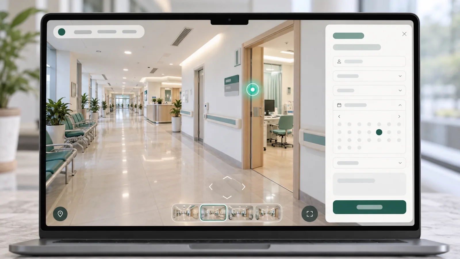 Laptop mở tour hành lang trước phòng khám, hotspot đặt lịch đang mở form chọn ngày giờ ở cạnh phải màn hình