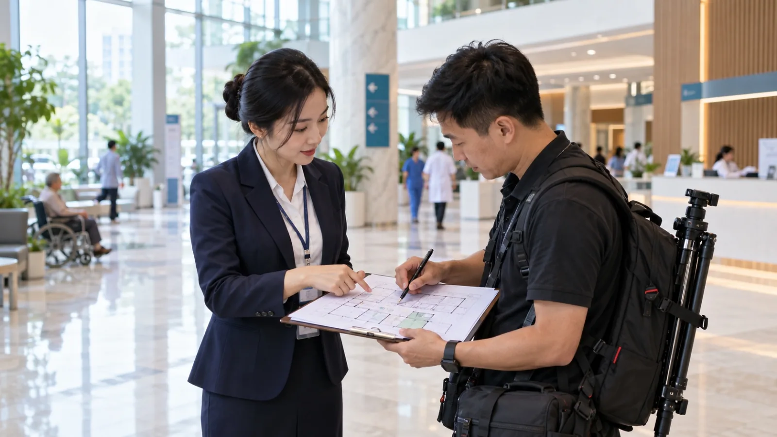 Đại diện bệnh viện và người làm tour đứng ở sảnh xem bản vẽ mặt bằng, đánh dấu vị trí các điểm chụp