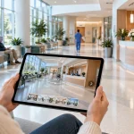 Người xem dùng máy tính bảng xem VR tour bệnh viện, màn hình hiển thị sảnh tiếp đón và quầy đăng ký 360 độ